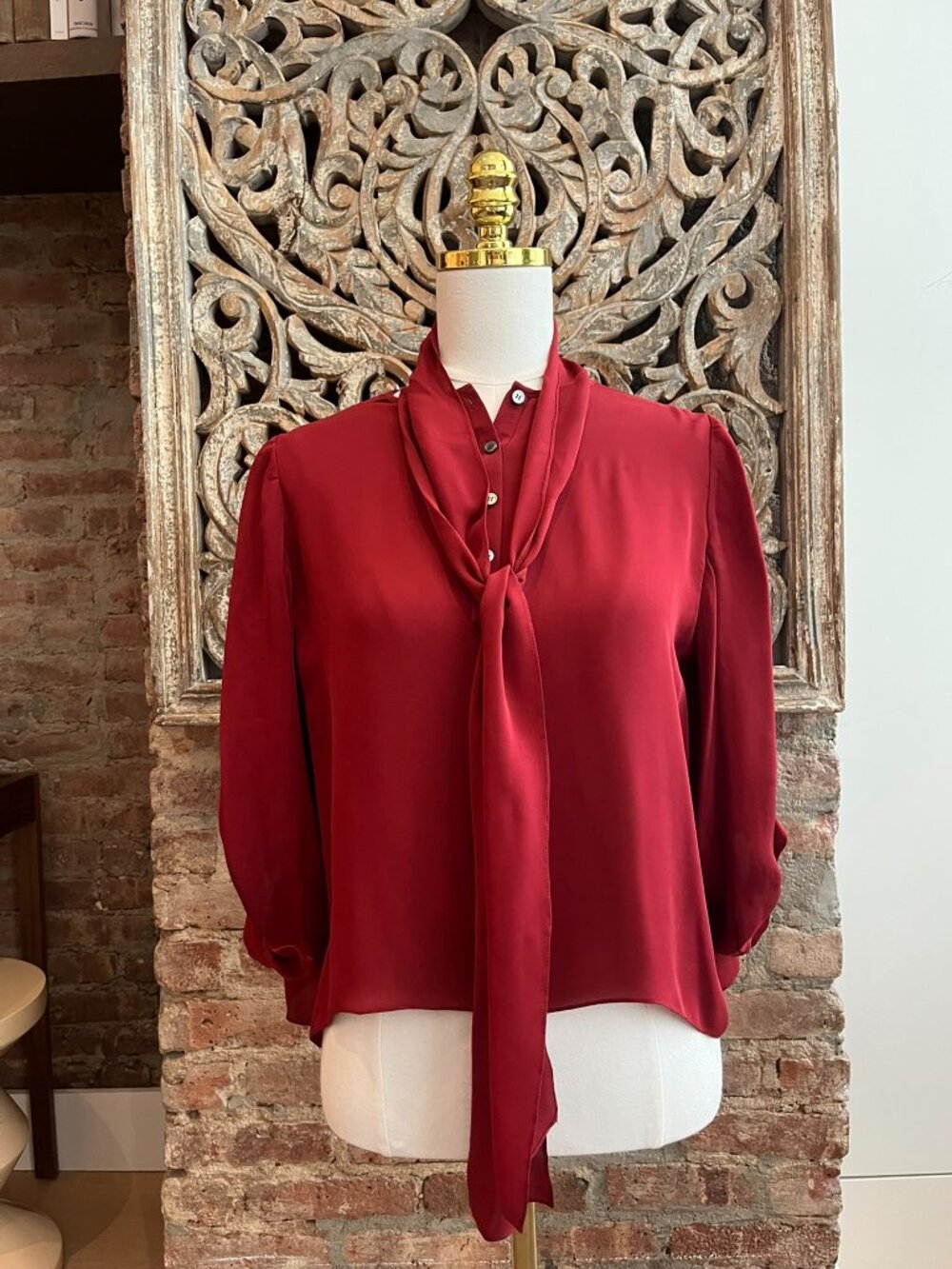 Morgane Le Fay Silk Draped Asymmetric Blouse Burgundy